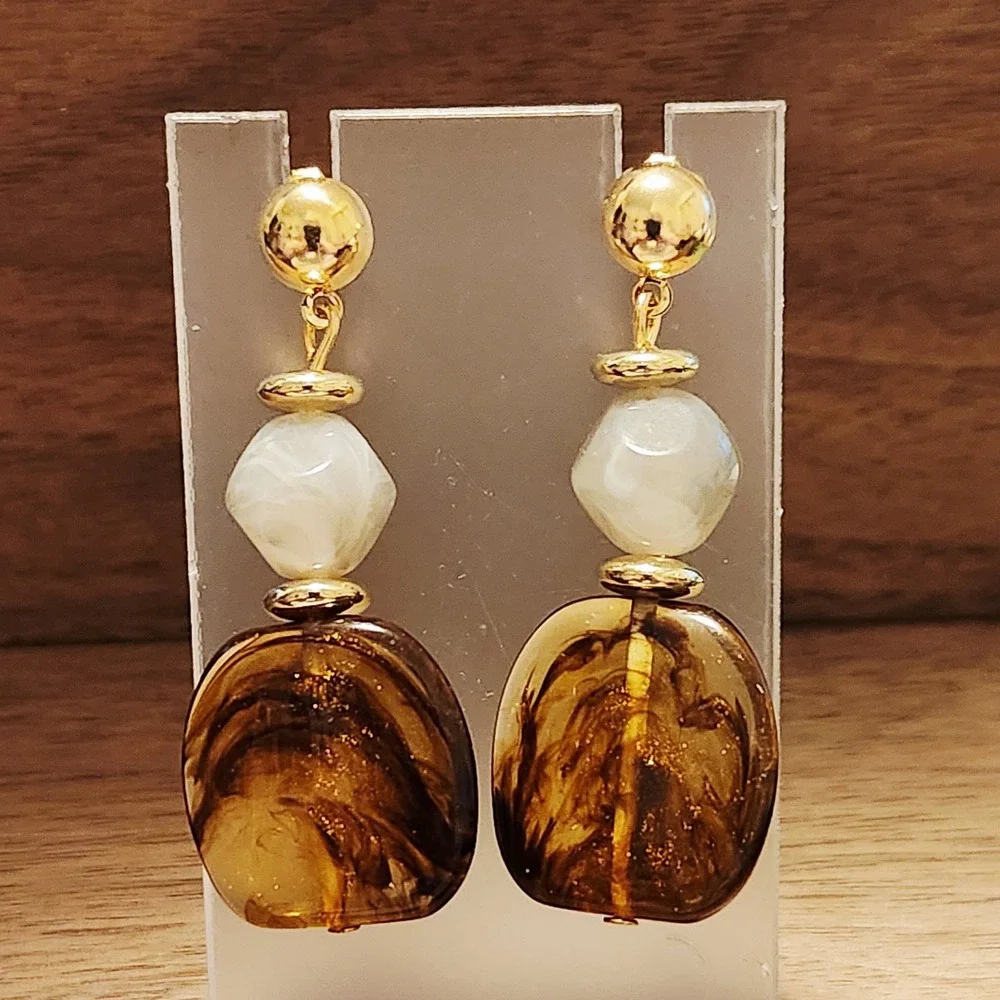 Amber Marbled Resin Drop Earrings‎ Gold Tone Ball Stud Dangle Bohemian Jewelry
